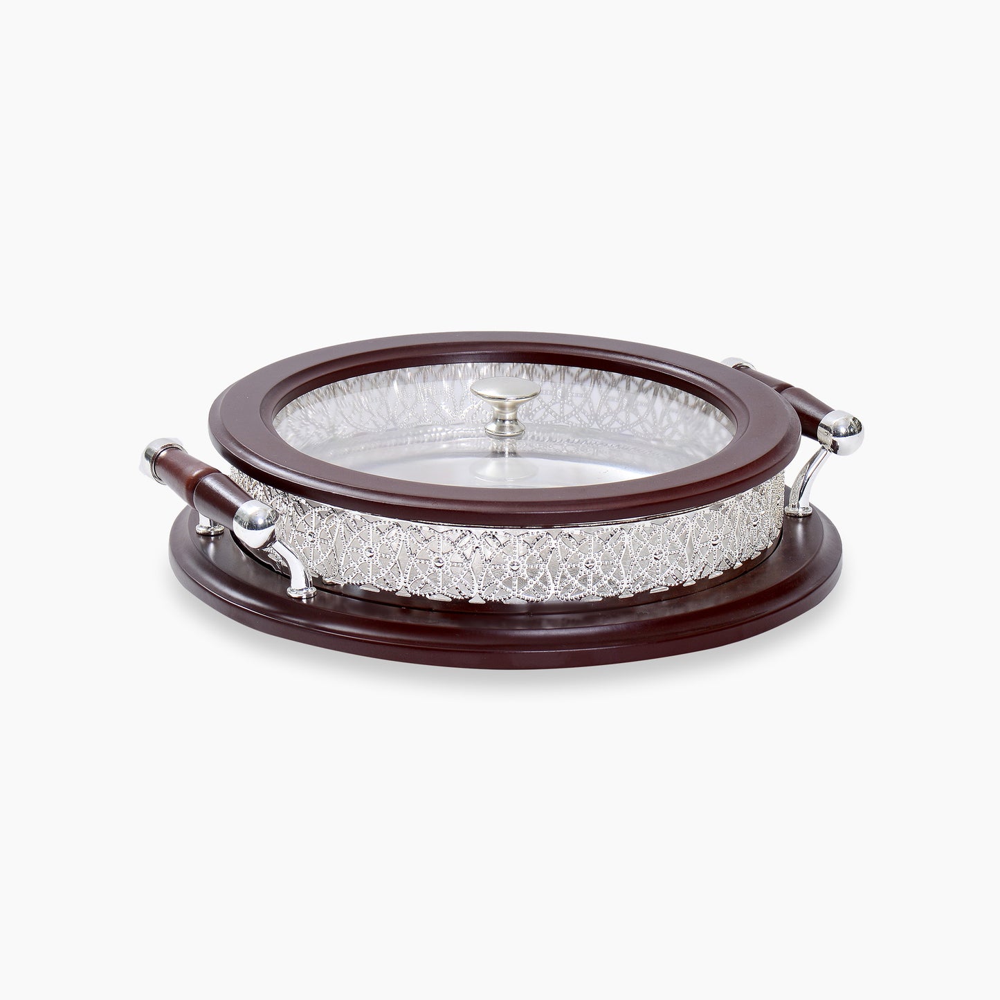 Wood Silver Platted Body Round Tray with Cover