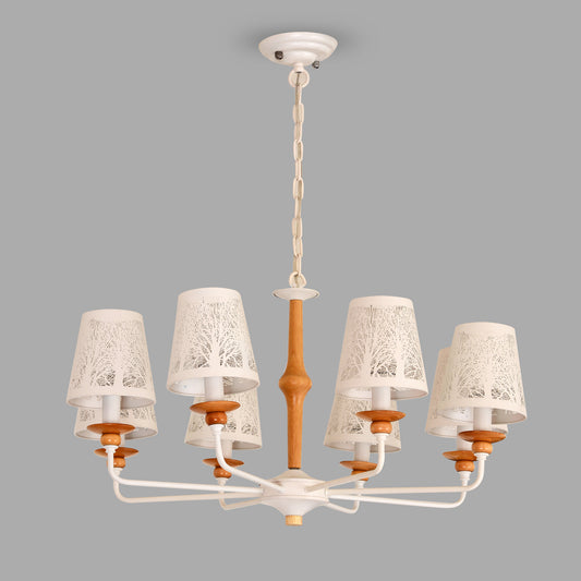 8 Lights Chandelier with White Coated Metal and Natural Wood Frame. White Shades.