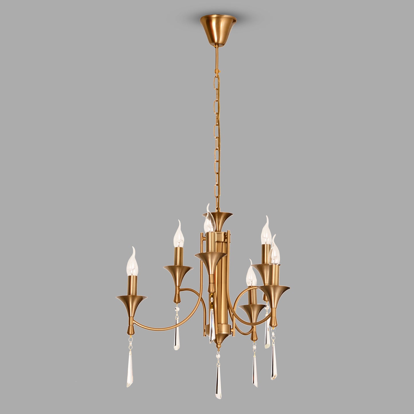 Elegant Two Levels 6 Lights Chandelier with Brass Finish Body.