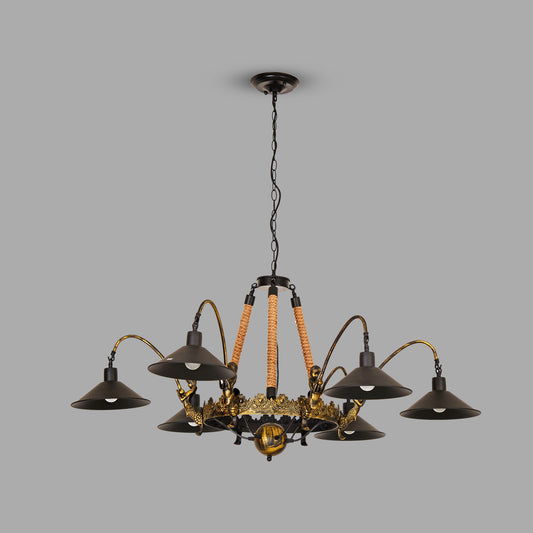 6 Lights Vintage Mat Black - Brass Finish Deco. Chandelier