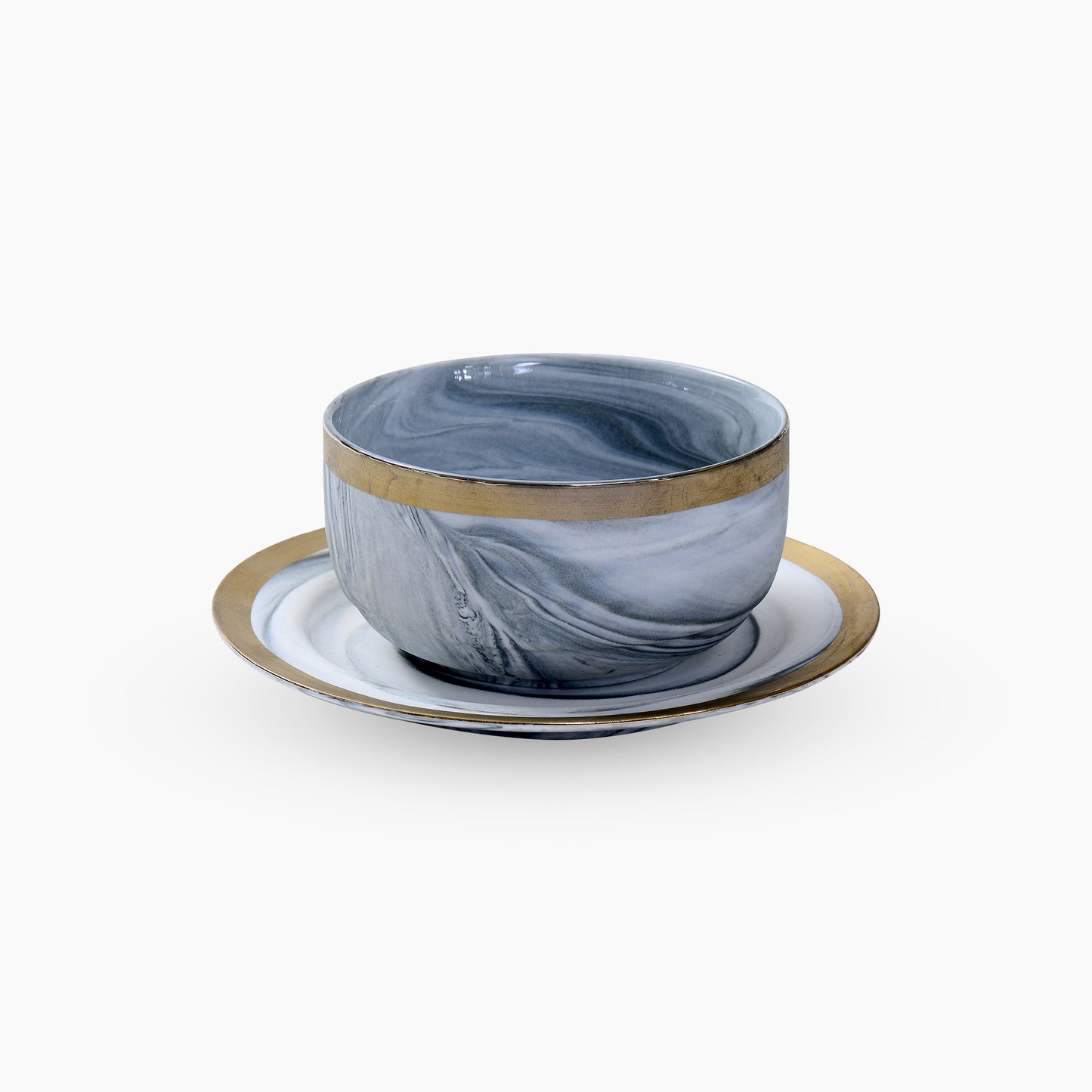 Marble Finish Light Grey with Gold rim 6 Bowls and 6 Saucers set