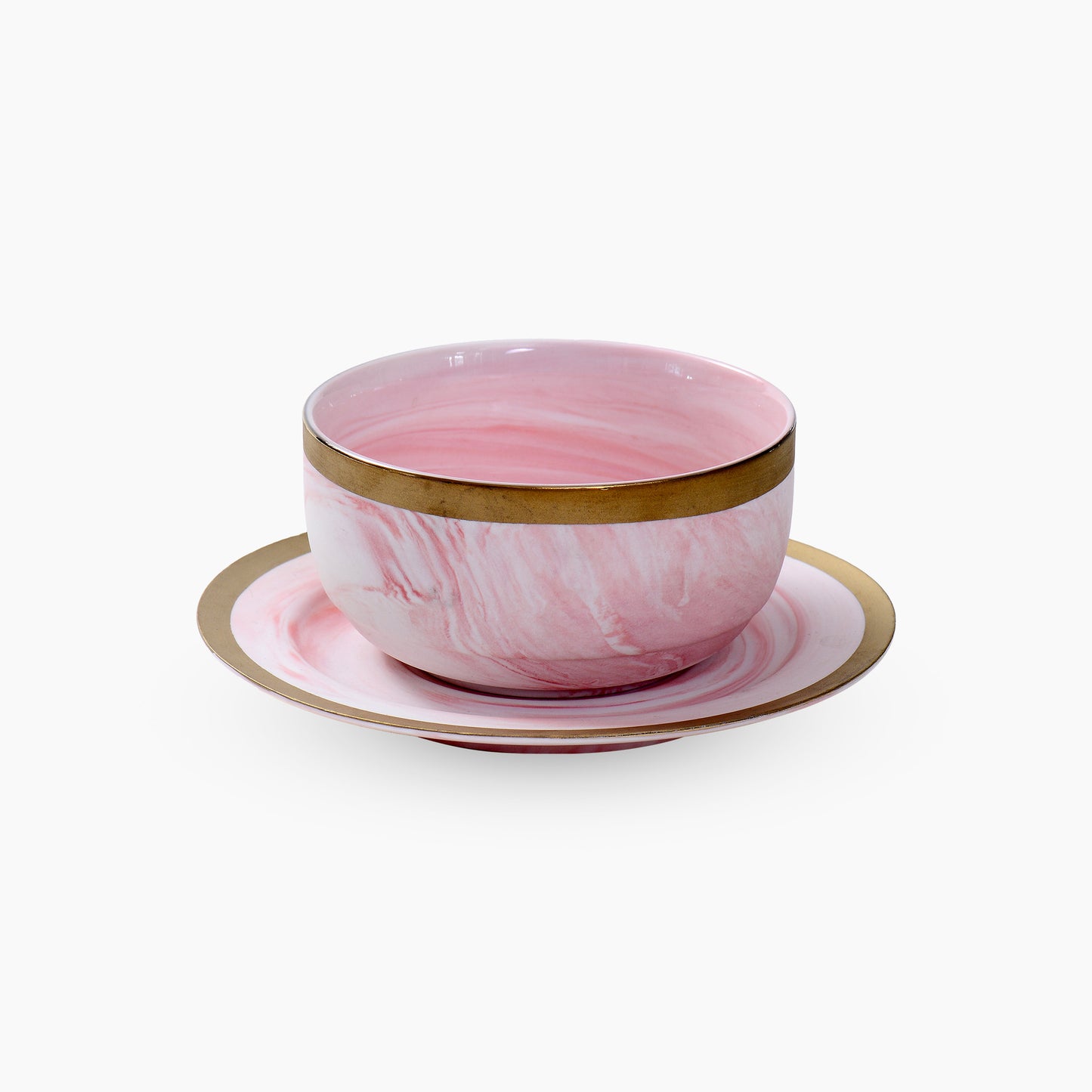 Marble Finish Light Pink with Gold rim 6 Bowls and 6 Saucers set