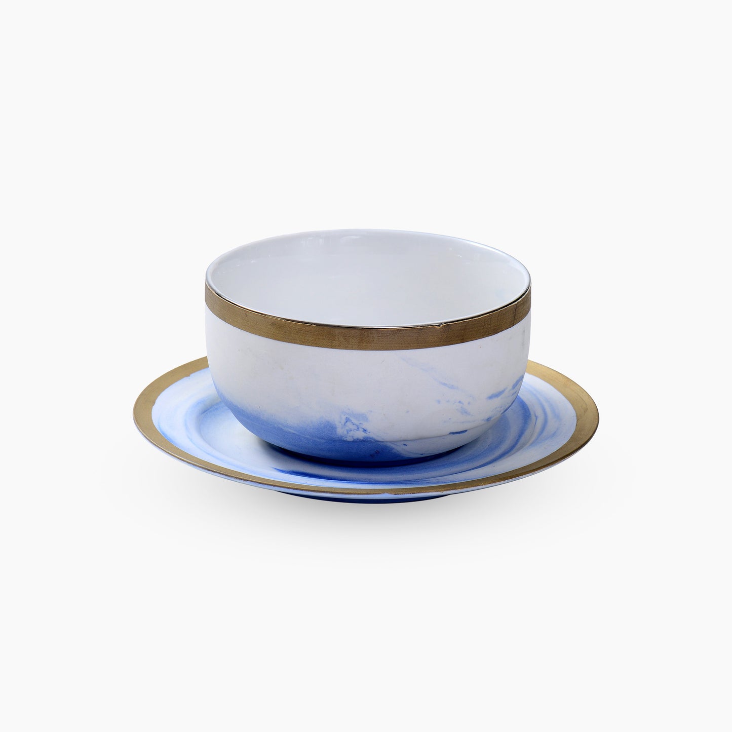 Marble Finish 6 Light Blue Gold rim Bowls and 6 Saucers set