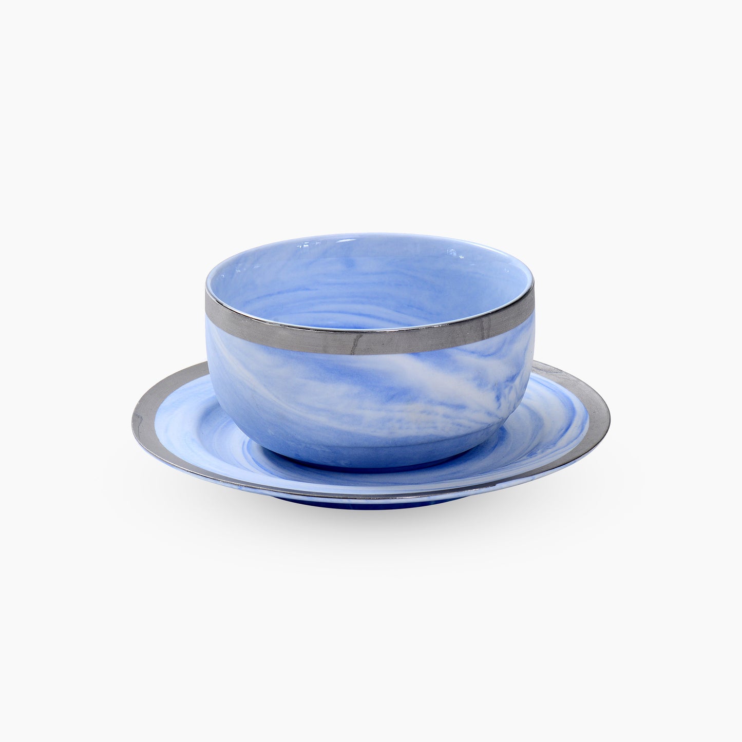 Marble Finish Light Blue with Silver rim 6 Bowls and 6 Saucers set