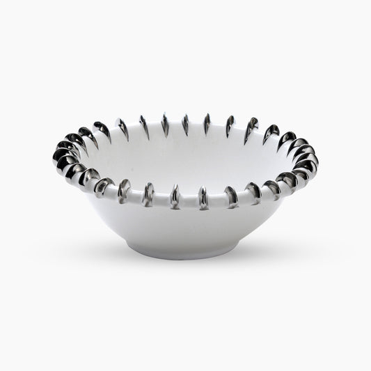 ceramic round serving bowl-White with silver deco.