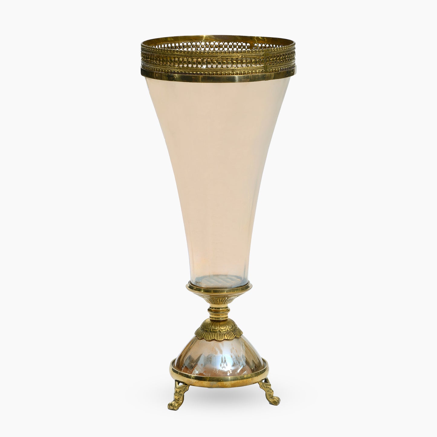 Artistic Hand Made Brass Table Vase on Foot -Brass with Smoked Glass