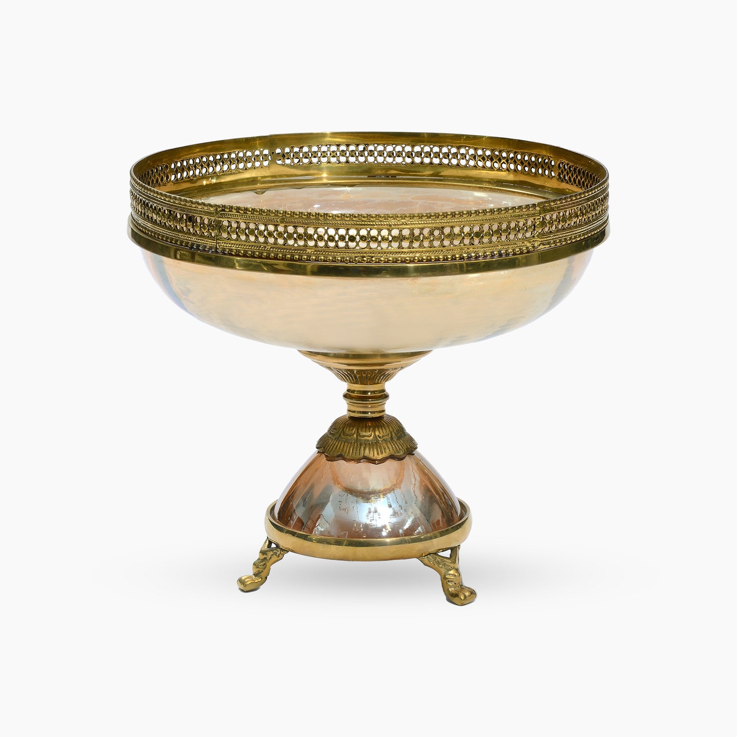 Delicate Hand Made Brass Center Bowl on Foot-Brass with Smoked Glass