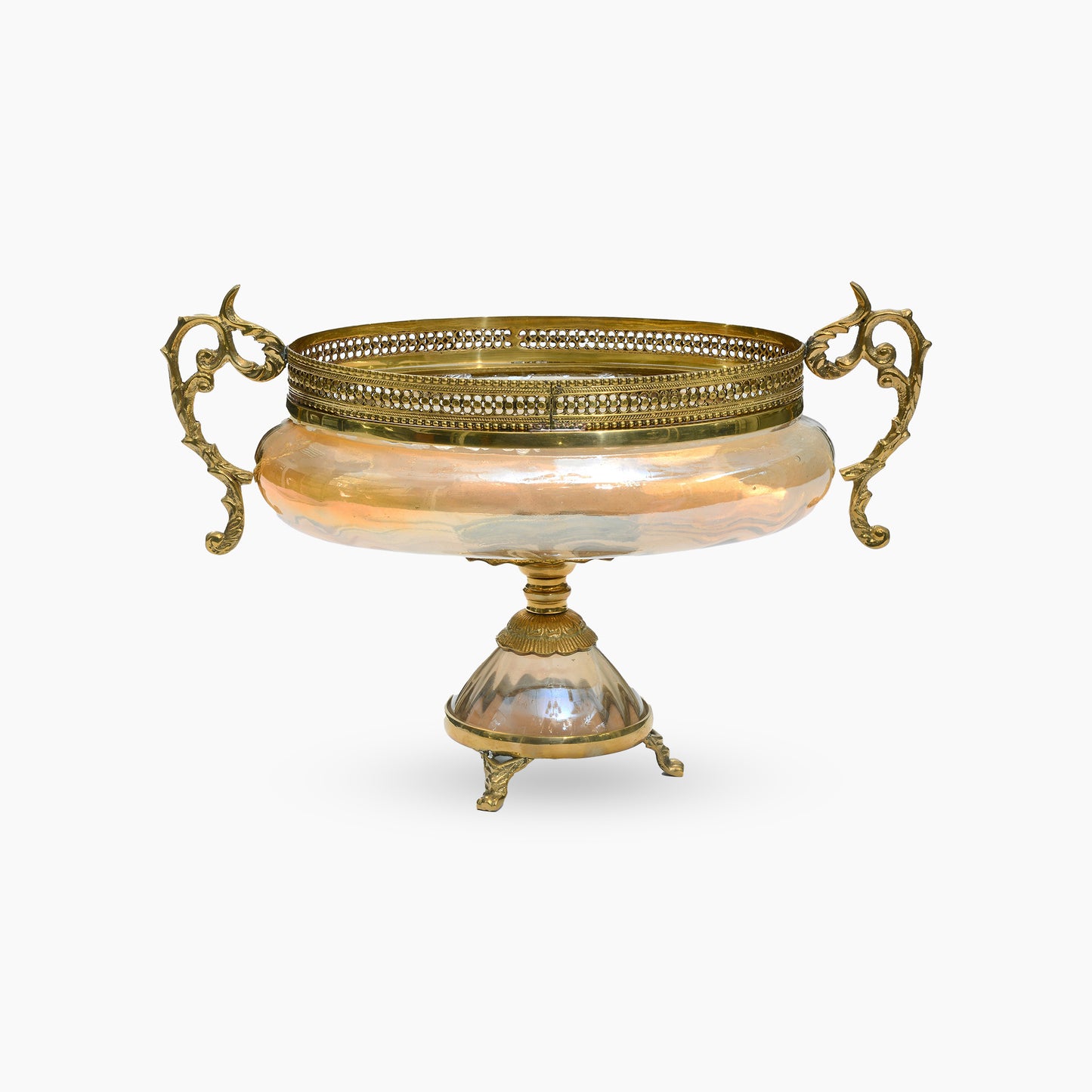 Hand Made Brass Center Bowl on Foot-Brass with Smoked Glass