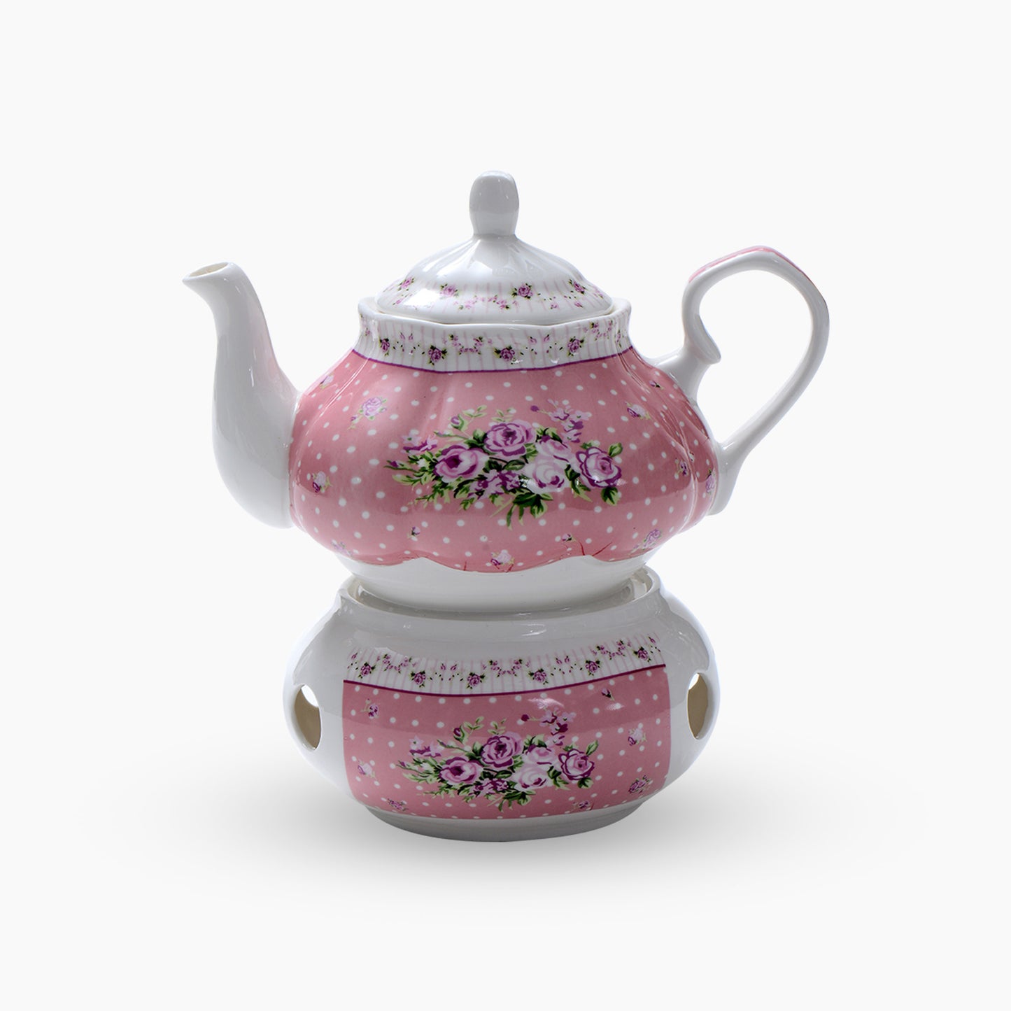 White Light Pink Porcellian Tea Kettle on Warmer Set