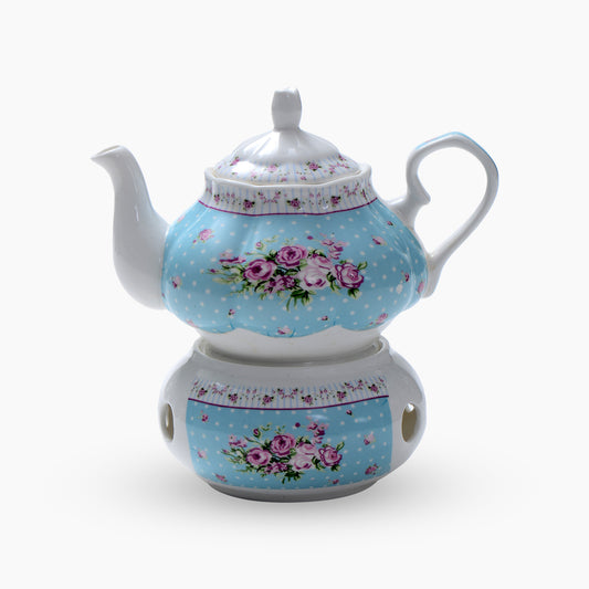 White Light Blue Porcellian Tea Kettle on Warmer Set