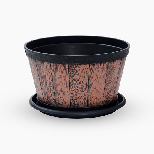 Wooden Look Coffee Brown Plant Pot with Under Plate