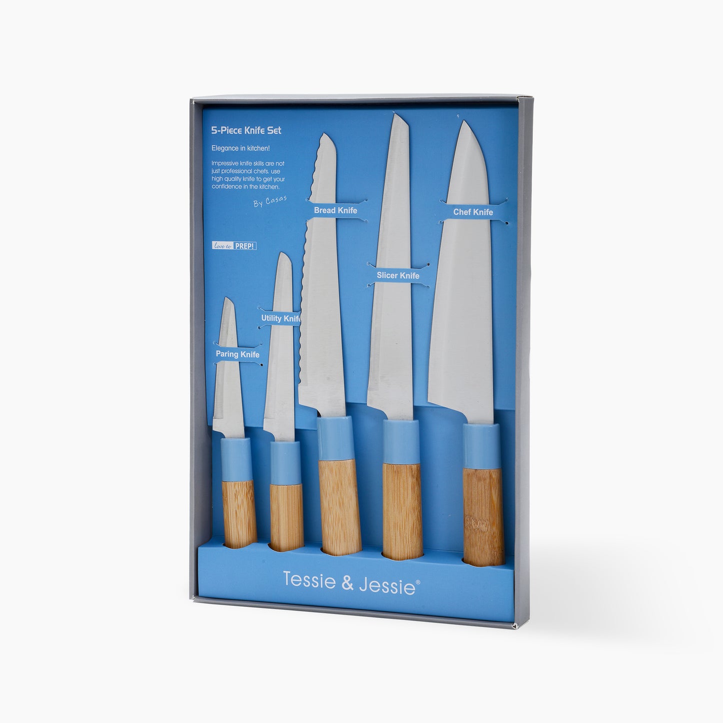 5 Wood Light Blue Pieces Stainless Steel Knives Set